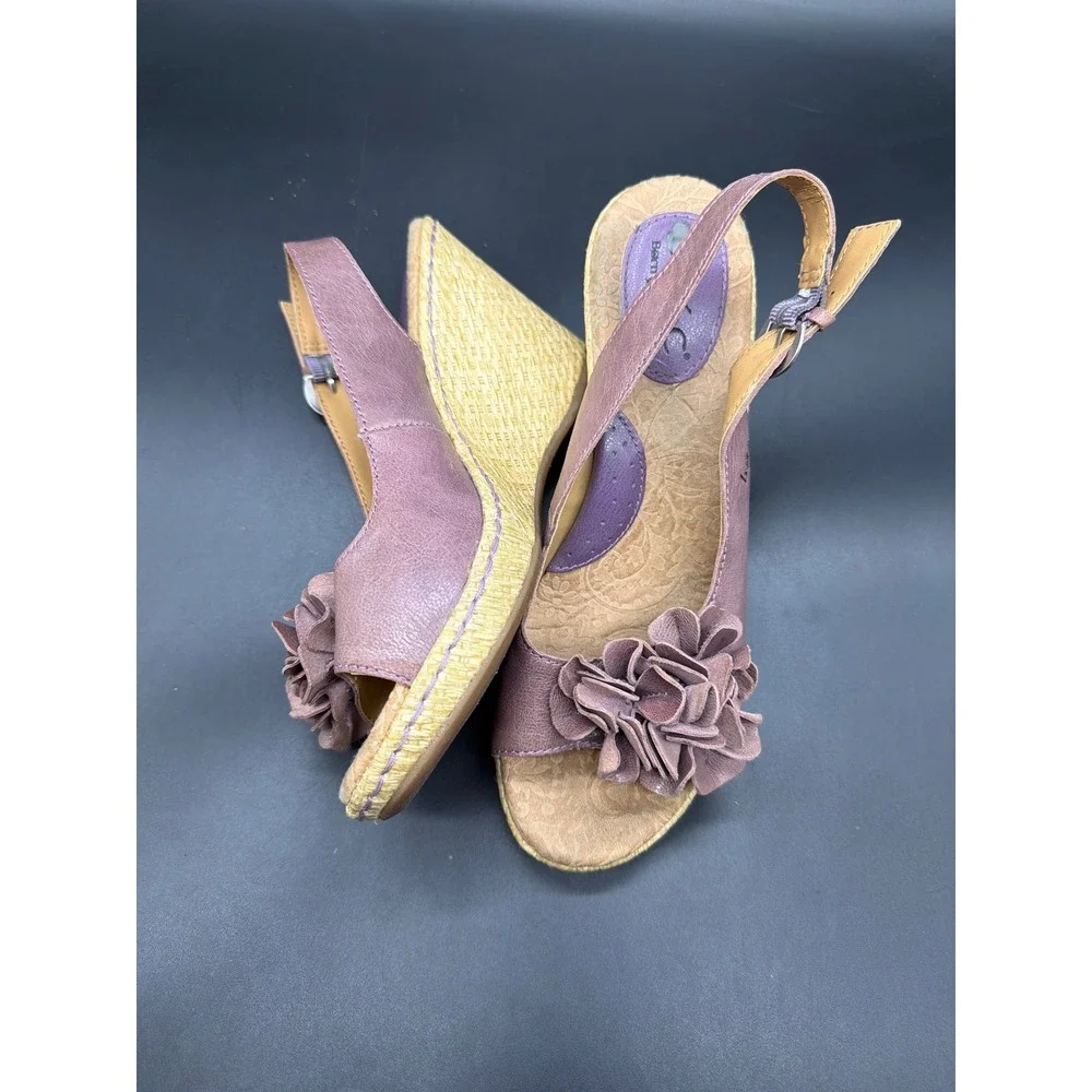 b.o.c. Born‎ Concept Mauve Purple Leather Flower Wedge Sandals C23619 Womens 7